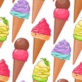 Seamless vector pattern of varied colorful ice cream cones.