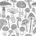 Seamless vector pattern of various dangerous mushrooms. Fantasy hand drawn concept of toadstools. Stylized image