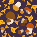 Seamless vector pattern with various mushrooms on dark violet background.