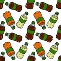 Seamless vector pattern of various soda bottles, refreshing drinks in cartoon style Royalty Free Stock Photo