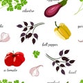 Seamless vector pattern with vegetables and leaves on a white background.