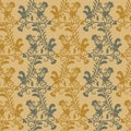 Seamless vector pattern with vertical botanical stripes in mustard yellow and grey colors