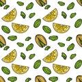 Seamless vector pattern of vibrant lemon slices and green pistachios scattered on a white background Royalty Free Stock Photo