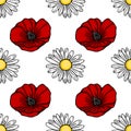 Seamless vector pattern of vibrant red poppies and delicate white daisies with yellow centers, set against a clean white Royalty Free Stock Photo