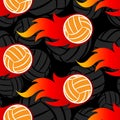 Seamless vector pattern with volleyball ball icons and flames. Royalty Free Stock Photo