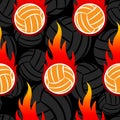 Seamless vector pattern with volleyball ball icons and flames. Royalty Free Stock Photo