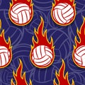 Seamless vector pattern with volleyball ball icons and flames. Royalty Free Stock Photo