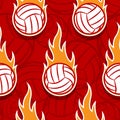 Seamless vector pattern with volleyball ball icons and flames. Royalty Free Stock Photo