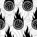 Seamless vector pattern with volleyball ball icons and flames. Royalty Free Stock Photo