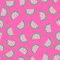 Seamless vector pattern watermelon slices on pink background. Watermelons repeating backdrop. Scandinavian style cute summer fruit Royalty Free Stock Photo