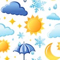 Seamless vector pattern with weather icons with cloud, sun, moon, star. Yellow blue Flat background Royalty Free Stock Photo