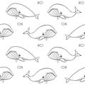 Seamless vector pattern with whales, outline, coloring page. isolated on a white background