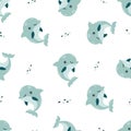 Seamless vector pattern on white background. Cute blue dolphins and water bubbles Royalty Free Stock Photo