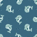 Seamless vector pattern on white background. Cute blue dolphins and water bubbles Royalty Free Stock Photo