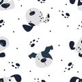 Seamless vector pattern on a white background. Cute dog faces with black spots. Royalty Free Stock Photo