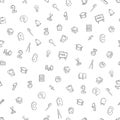 Seamless vector pattern on a white background school items in a flat style doodle numbers, alarm clock, pen, bell, magnifier, Royalty Free Stock Photo