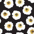 Seamless vector pattern white and golden flowers on a black background. Seamless floral pattern with faux gold foil