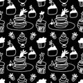 Seamless vector pattern of white line cooking on a black hand drawn background.Repetitive cafe print