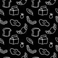 Seamless vector pattern of white line cooking on a black hand drawn background.Repetitive cafe print