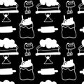 Seamless vector pattern of white line cooking on a black hand drawn background.Repetitive cafe print doodle