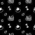 Seamless vector pattern of white line cooking on a black hand drawn background.Repetitive cafe print doodle