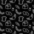 Seamless vector pattern of white line cooking on a black hand drawn background.Repetitive cafe print doodle