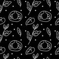 Seamless vector pattern of white line cooking on a black hand drawn background.Repetitive cafe print doodle