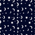 Seamless vector pattern with white moon and stars