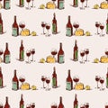 Seamless vector pattern of wine bottles, glasses,cheese and lemon sketches