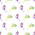 Seamless vector pattern with wineglasses with red and white wine, and bunches of grape on the grey background. Royalty Free Stock Photo