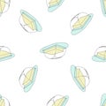 A seamless vector pattern of yellow butter pieces in light green glass butter boxes