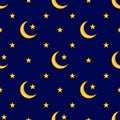 Seamless vector pattern of yellow crescent moons and stars on a deep blue night sky background Royalty Free Stock Photo