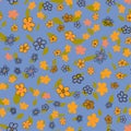 Seamless vector pattern with yellow and pink flowers, green leaves on a blue background. Texture for children's Royalty Free Stock Photo