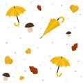 Seamless vector pattern with yellow umbrellas, mushrooms, autumn leaves Royalty Free Stock Photo