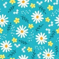 Seamless vector pattern yellow and white daisy flowers on blue textile scrapbook wrapping