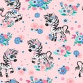 Seamless vector pattern with zebra and flowers pink Royalty Free Stock Photo