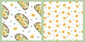 Seamless patterns with bruschetta and boiled eggs