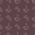 Seamless vector patterns with cups and cofee grains on the brown background.