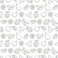 Seamless vector patterns with fruits. Black and white background with strawberry, banana, apple, pear, watermelon and cherry