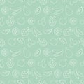 Seamless vector patterns with fruits. Pastel green background with strawberry, banana, apple, pear, watermelon and cherry.