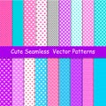 Seamless vector patterns in lol doll surprise style. Endless backgrounds with stripes and polka dots