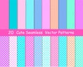 Seamless vector patterns in lol doll surprise style. Endless backgrounds with stripes and polka dots