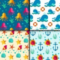 Seamless vector patterns with nautical elements wave marine collection paper sea background Royalty Free Stock Photo