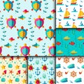 Seamless vector patterns with nautical elements wave marine collection paper sea background Royalty Free Stock Photo