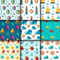 Seamless vector patterns with nautical elements wave marine collection paper sea background Royalty Free Stock Photo