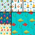 Seamless vector patterns with nautical elements wave marine collection paper sea background Royalty Free Stock Photo