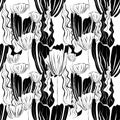 Seamless patterns. White background. Black and white large flowers leaves and stems. Contrast endless vector illustration.