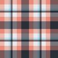 Seamless vector plaid pattern in coral, blue and grey colorway.