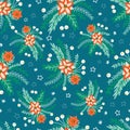 Seamless vector Poinsettia Christmas Flower pattern on a blue background. Flat Scandinavian vintage style abstract