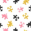 Seamless vector puzzle pattern in pink, black and golden colors Royalty Free Stock Photo